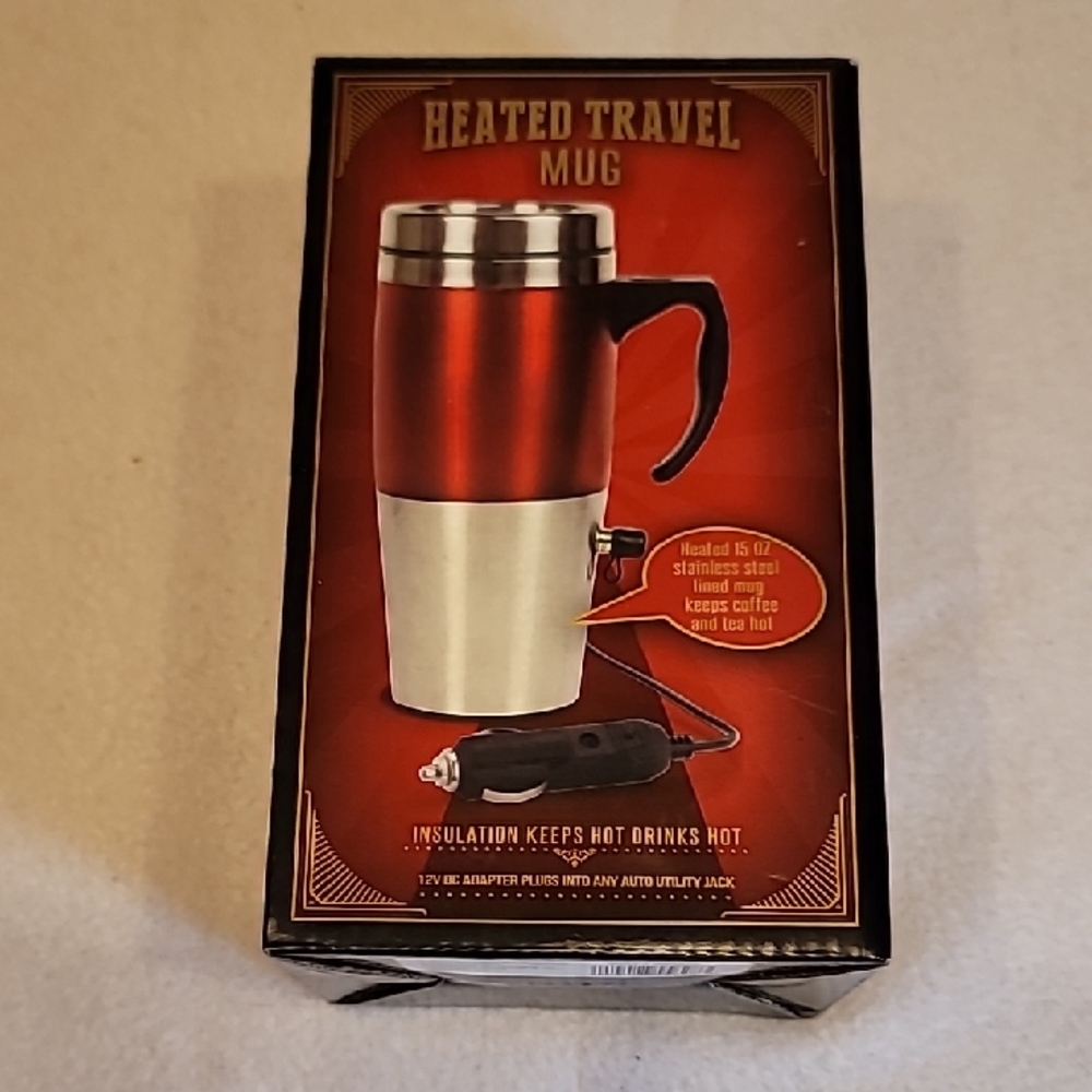 0800. NEW ~ Heated Travel Mug - Red & Silver ~ 12 Volt ~ 15oz.